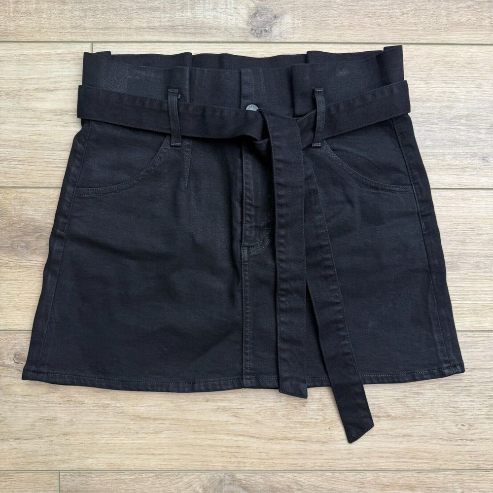 Alice & Olivia Black Denim Paperbag High Rise Mini Skirt Belted Womens size 30
